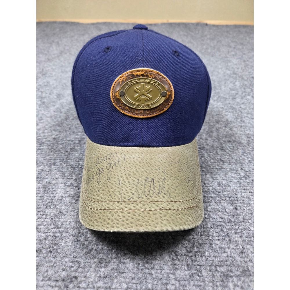 Vintage Signed Salt Lake 2002 Winter Olympics Hat OSFA American Needle Navy Tan